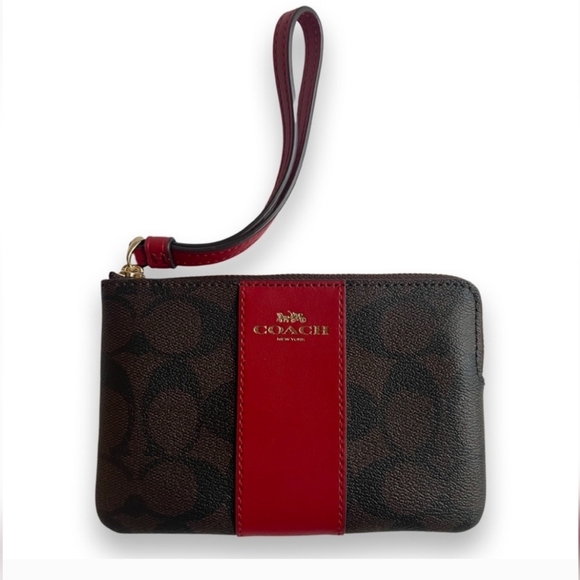 NWT Coach Signature Wristlet, Brown and Red - Picture 1 of 6